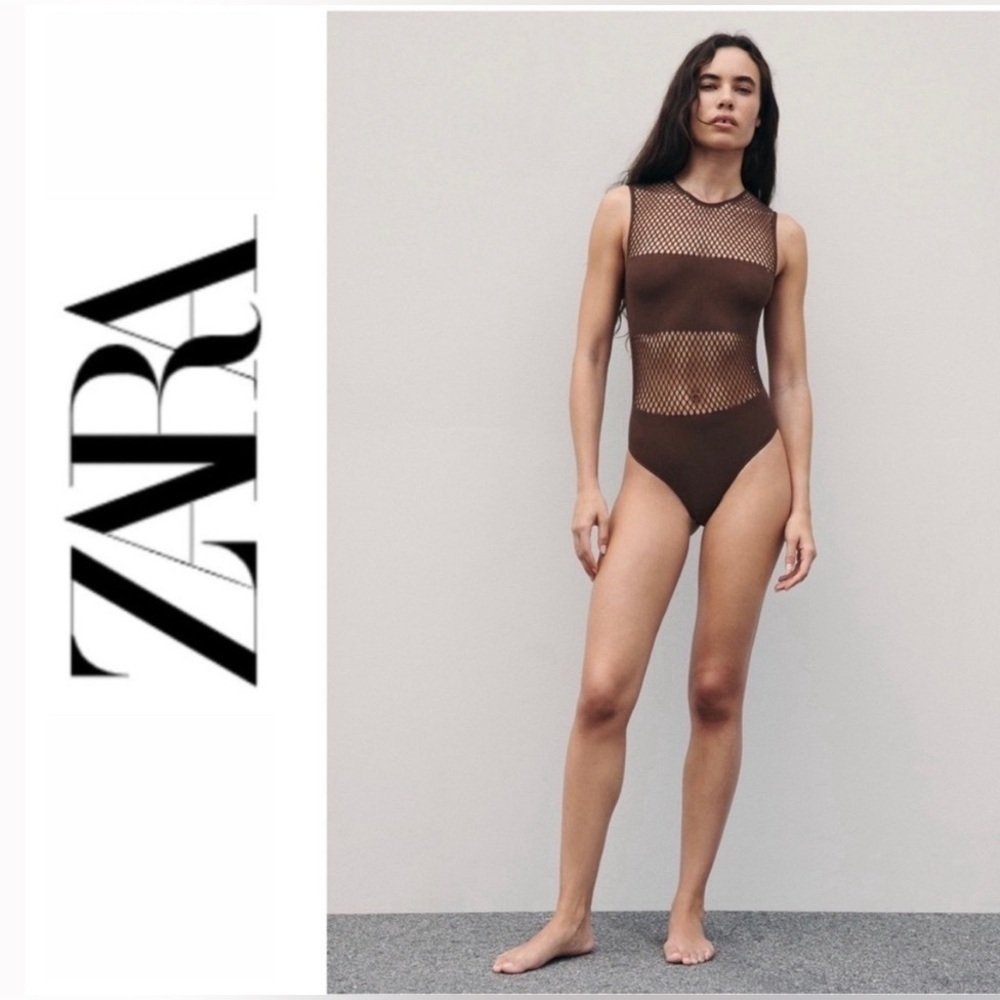 NWT - Zara Brown Net Sleeveless Bodysuit - Size XS/S